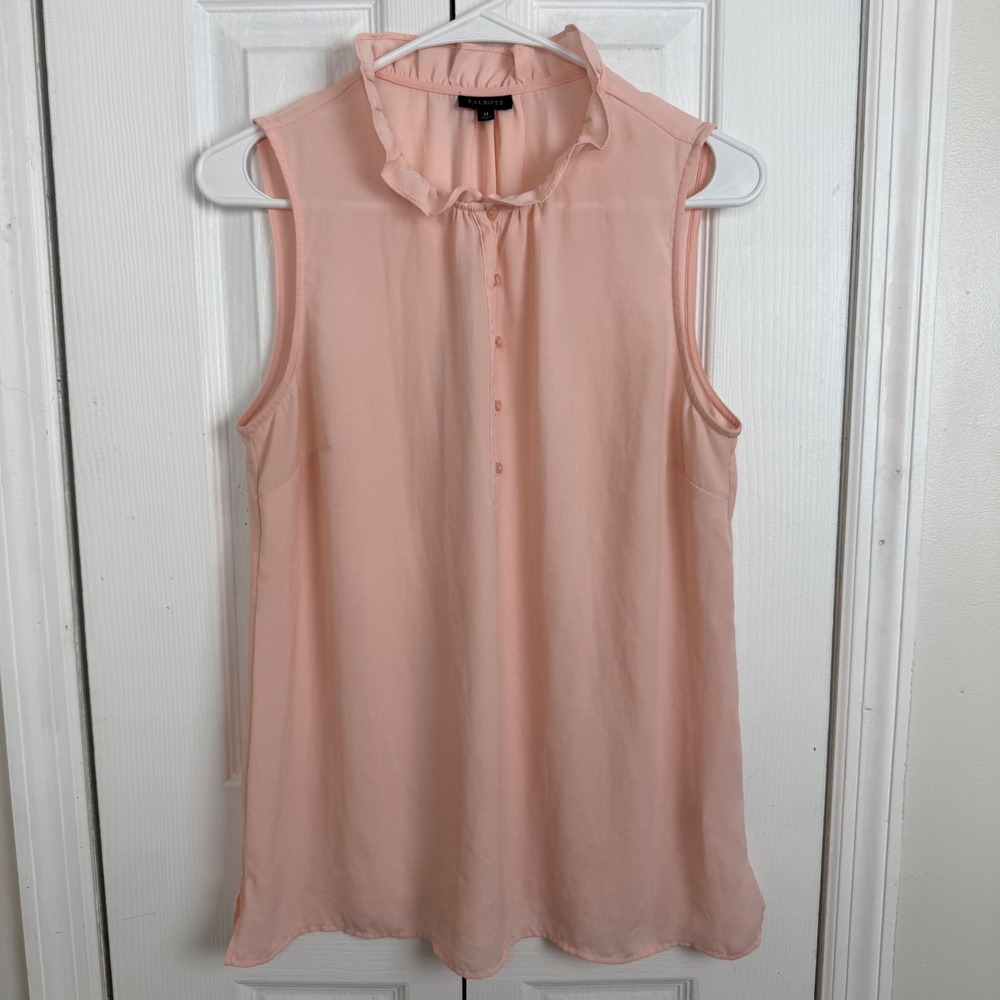 Talbots Ruffle Neck Sleeveless Blouse M Pink‎ Peach Romantic Cottagecore Chic